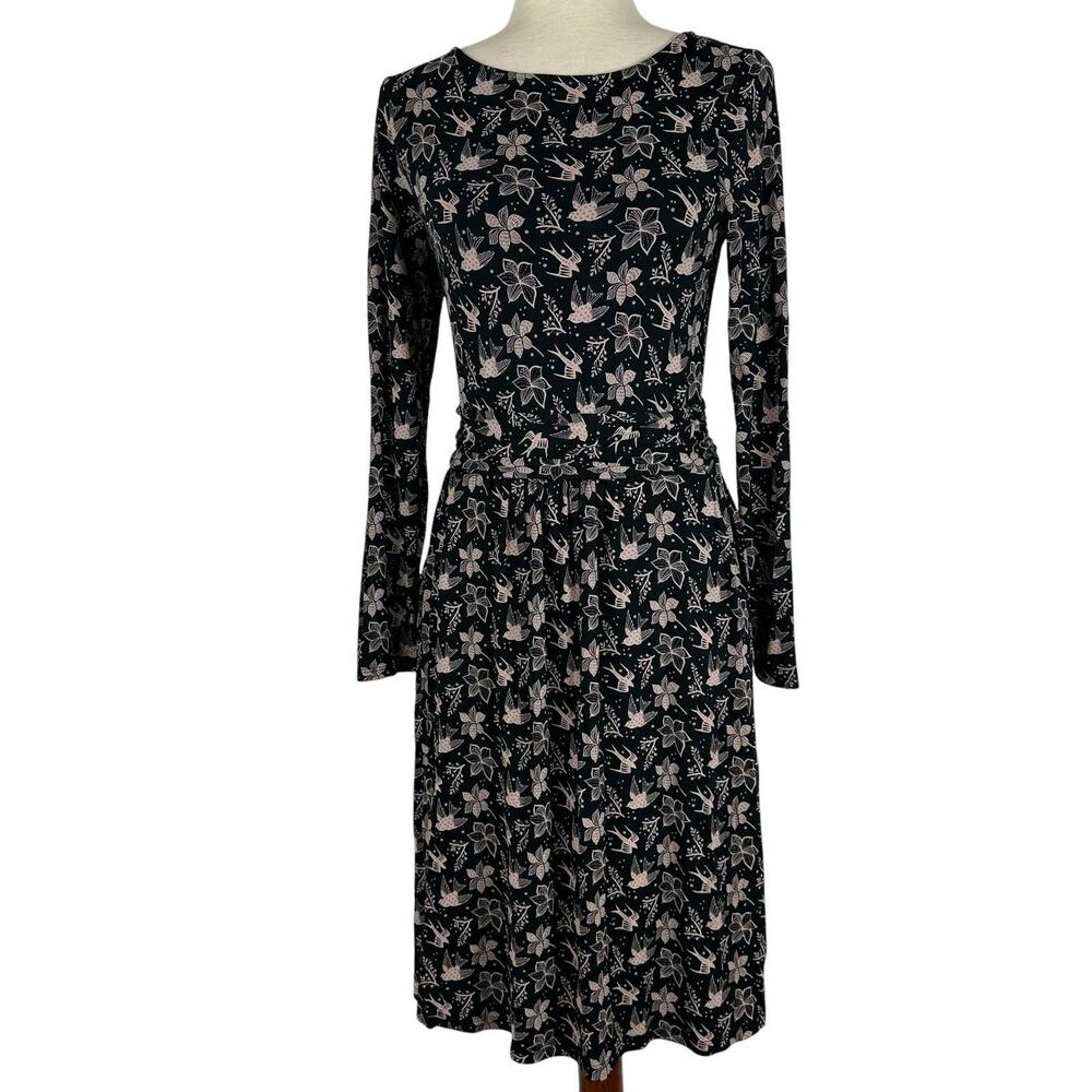 Boden Abigail Dress Women Size 6R Bird Print Jersey Knit Long Sleeve Pockets